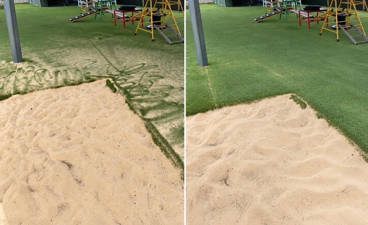 Playground area artificial grass before and after cleaning